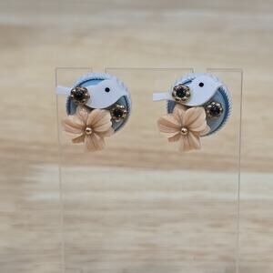Cottage Core Tiny Bird Perched On Flower Blue Cabochon Earrings Spring Granny